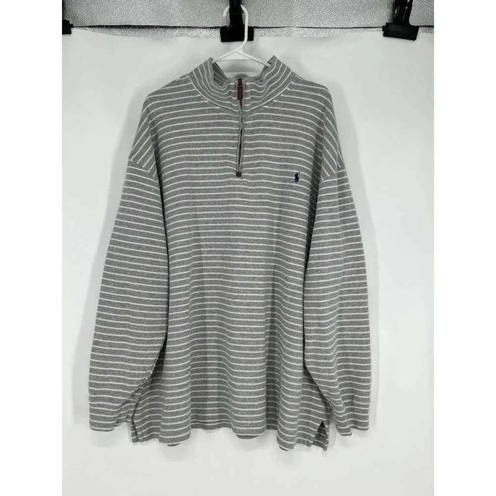 Polo Ralph Lauren Sweater‎ Mens 3XL Tall 3XLT Grey White Striped Quarter 1/4 Zip